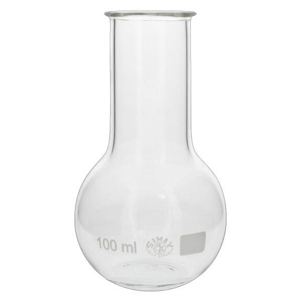 Ballon à fond plat 100 ml à col large, en verre borosilicate avec bord renforcé