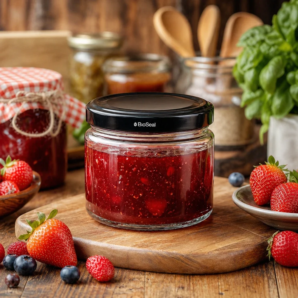 330ml Verre rond avec couvercle BioSeal noir UNiTWIST UniTWIST Runda330 mit schwarzem TO82 BioSeal Deckel gefüllt mit Erdbeermarmelade auf Holzbrett neben frischen Beeren