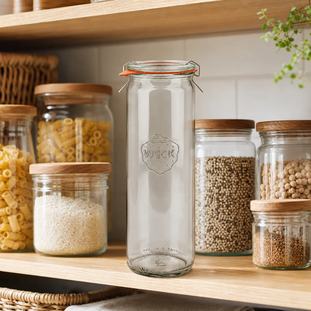 WECK Pot cylindrique 600ml RR60 vide dans le rayonnage à provisions entre les bocaux remplis de pâtes et de légumes secs
