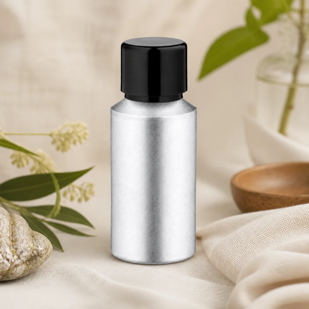 Bouteille en aluminium teinté 30 ml, avec bouchon à vis noir et joint conique Petite bouteille en aluminium de 30 ml avec une construction robuste et un bouchon étanche pour les déplacements