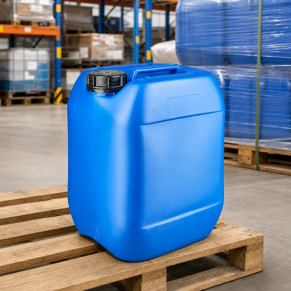 Bidon 10 litres bleu avec bouchon à vis OV Bidon en plastique empilable de 10 litres, bleu, avec bouchon OV, stocké dans un entrepôt sur une palette