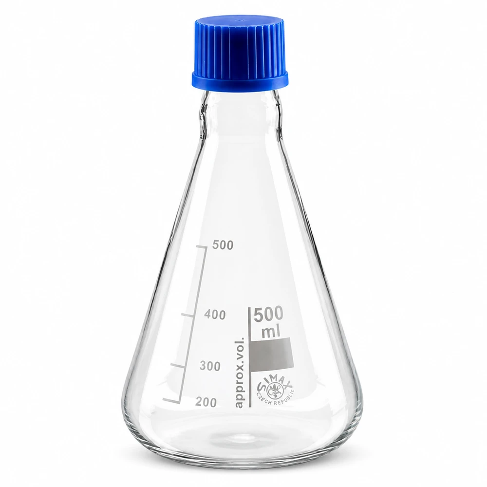 Erlenmeyer 500 ml col étroit, verre borosilicate avec filetage et bouchon Fiole jaugée 500ml pour une mesure précise du volume, avec col ergonomique et capuchon vissant