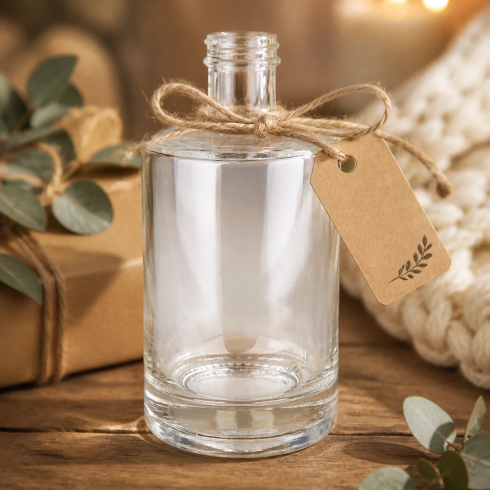 Bouteille en verre 500 ml « Sam » sans bouchon à vis UNiTWIST® Bouteille en verre Sam 500ml vide avec pendentif en papier kraft Boucle en jute Emballage cadeau rustique fond en bois