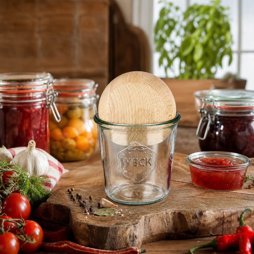 WECK Pot 580ml RR100 avec boule en bois de hêtre dans une cuisine rustique entre les bocaux et les ingrédients frais