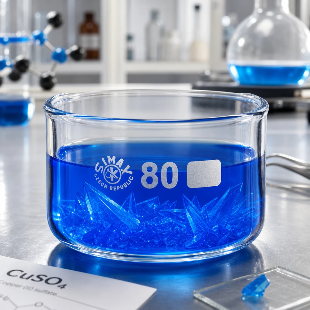 Coupelle de cristallisation SIMAX de 80 mm de diamètre contenant des cristaux bleus de CuSO₄ dans un laboratoire de chimie