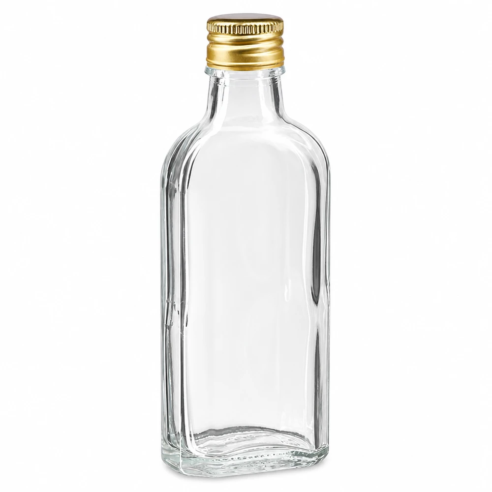 Petite bouteille en verre plate de 100 ml, transparente, avec un bouchon à vis PP22 doré en aluminium