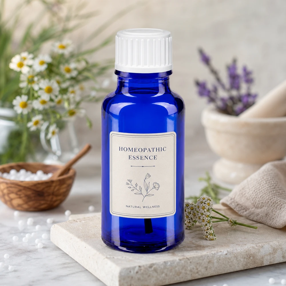 Flacon à pharmacie bleu 20ml bouchon à vis blanc pinceau Flacon ApoGlas bleu à pinceau, 20 ml, STD blanc, avec des fleurs de lavande et de camomille en arrière-plan