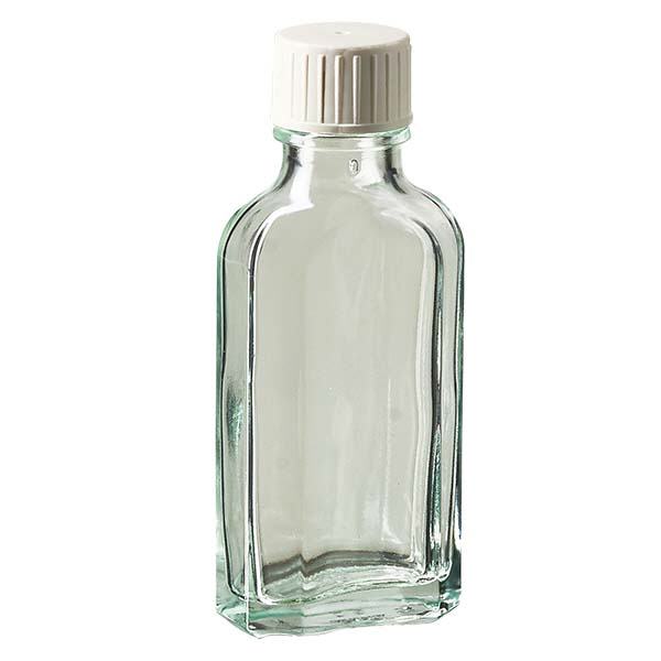 Flasque transparente de 50 ml au goulot DIN 22, avec bouchon à vis DIN 22 blanc et bague anti-gouttes Flasque transparente de 50 ml au goulot DIN 22, avec bouchon à vis DIN 22 blanc et bague anti-gouttes