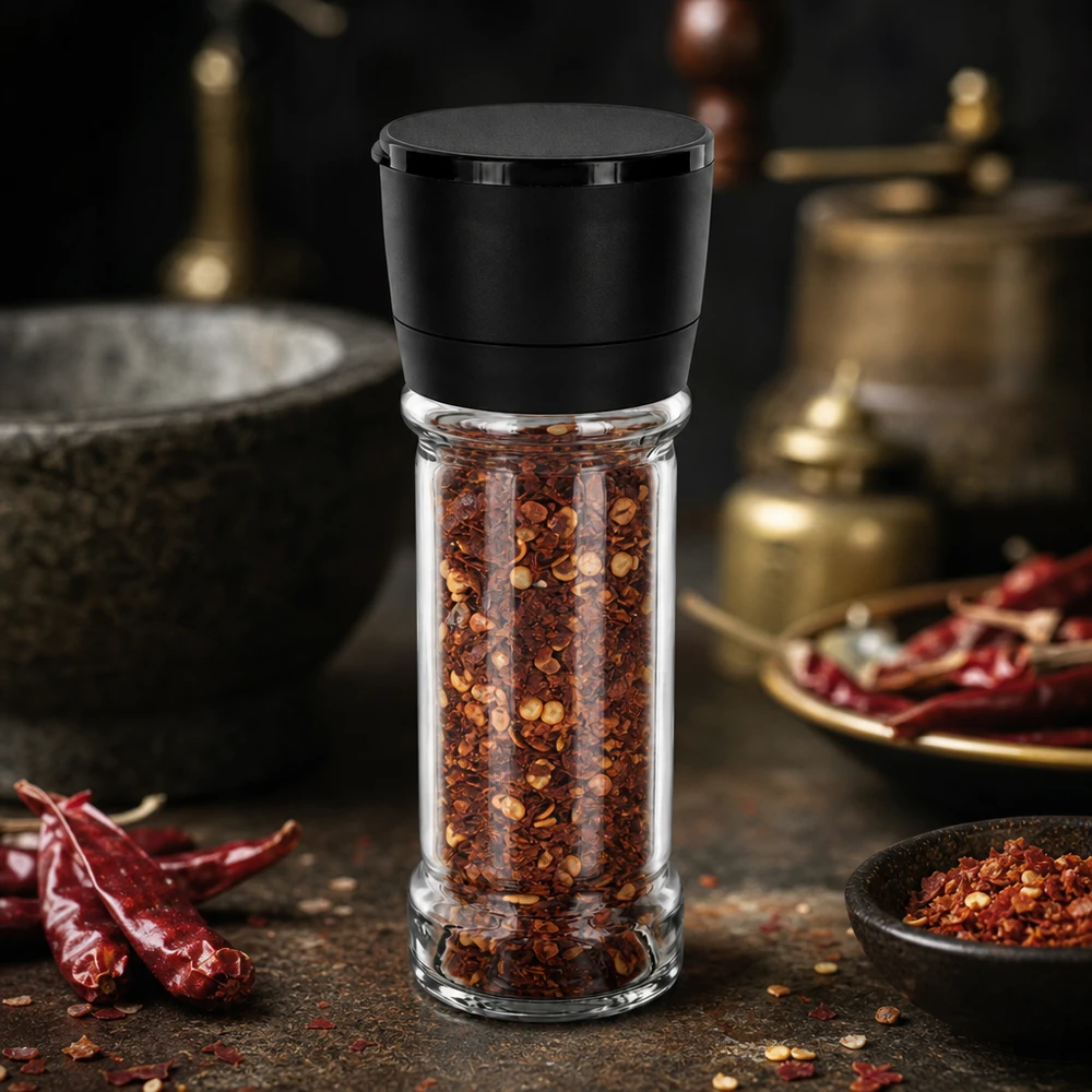 Moulin à épices Vario 100 ml avec couvercle en plastique noir, rempli de flocons de piment rouge