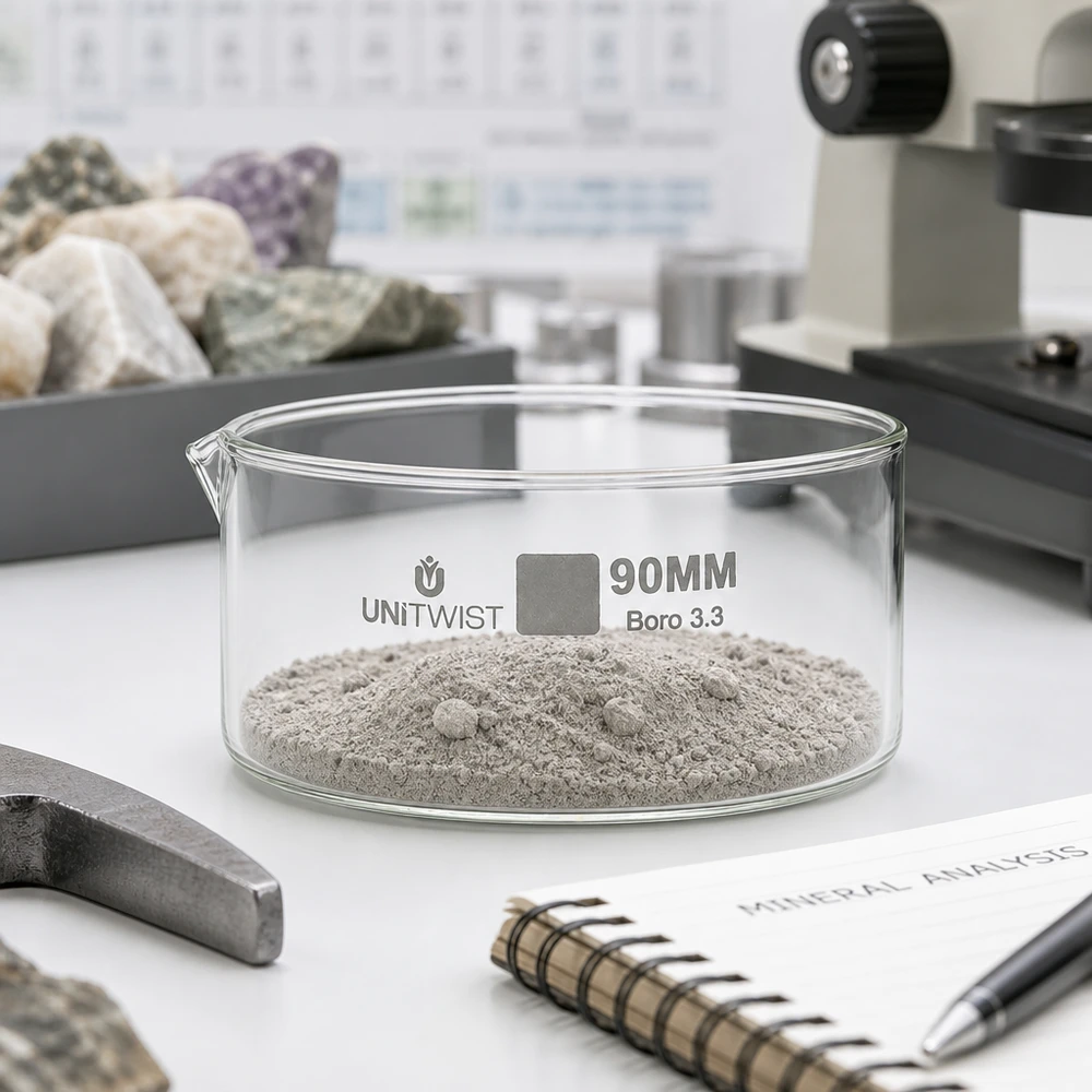 Cristallisoir ø90mm verre borosilicaté UNiTWIST Coupelle en verre borosilicaté ø 90 mm UNiTWIST Boro 3.3 contenant de la poudre de roche fine – Analyse minérale