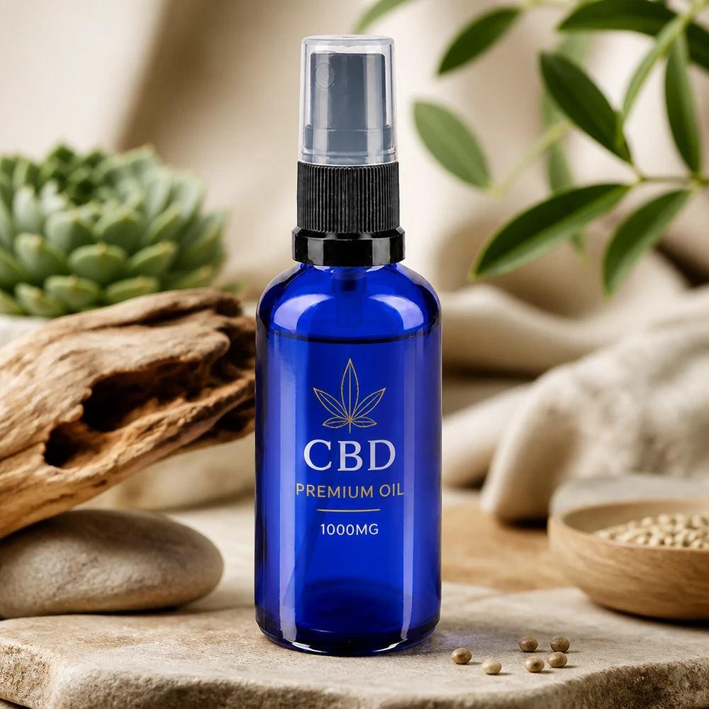 Petit flacon de pharmacie bleu de 50 ml avec vaporisateur à pompe et bouchon noir, devant un décor en bois