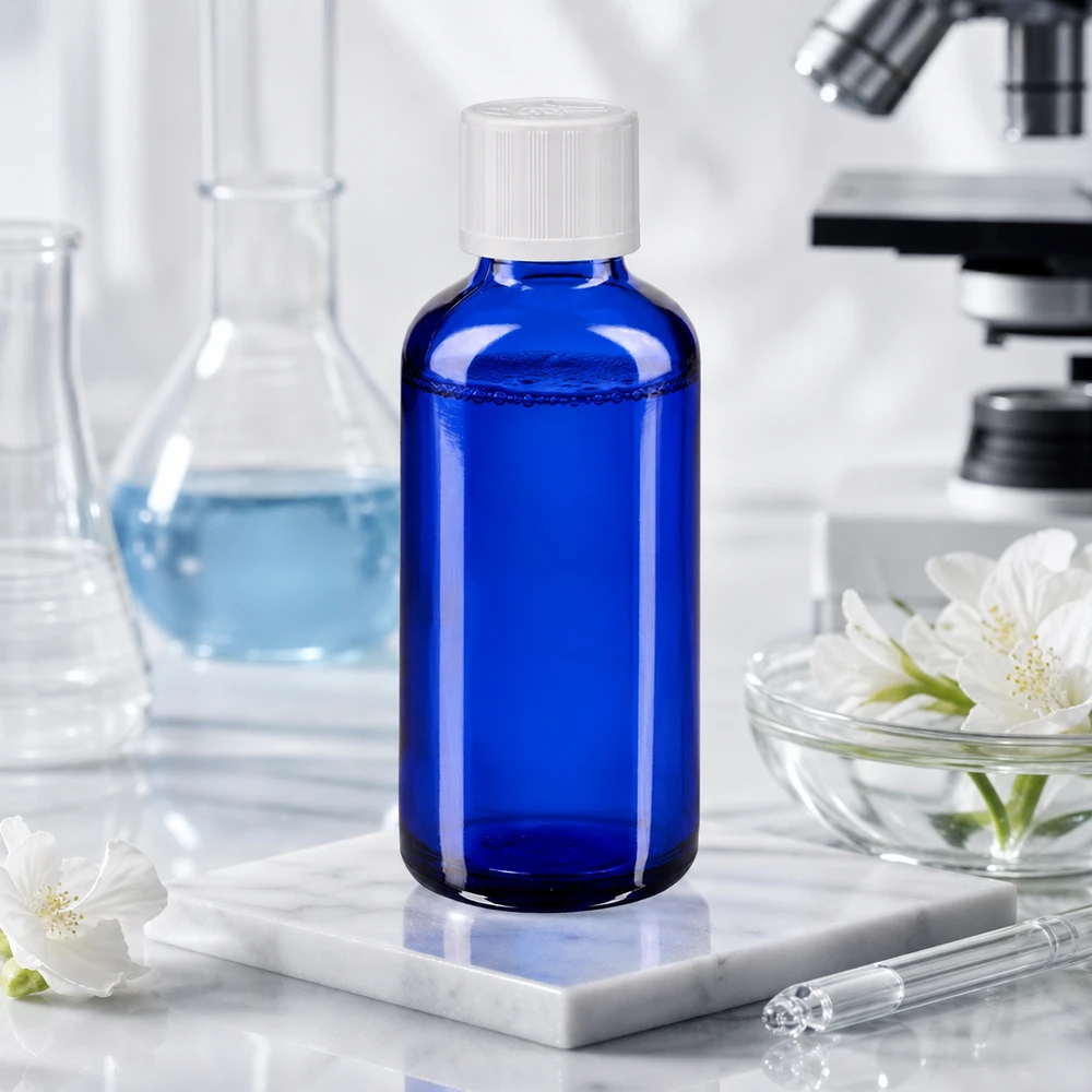 Flacon compte-gouttes bleu cobalt de 50 ml posé sur un dessous-de-plat en marbre dans un laboratoire scientifique