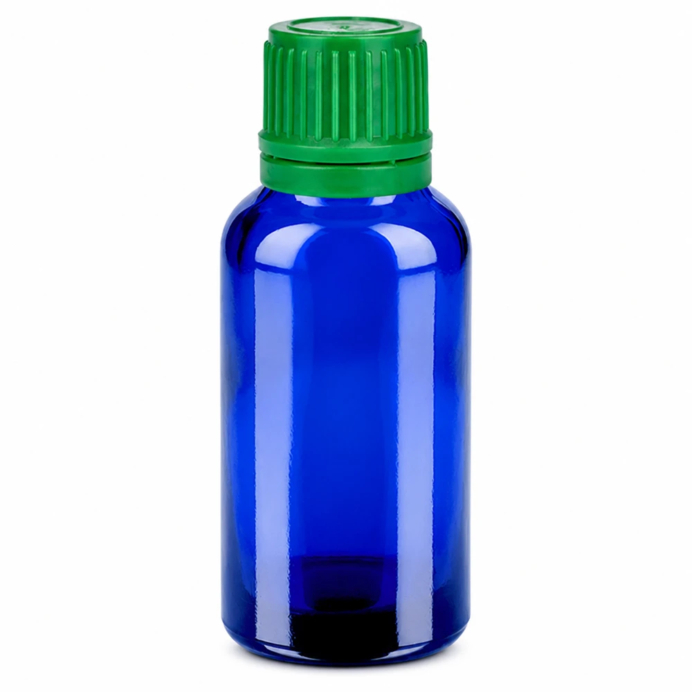 Flacon 30ml 11mm SV vert OV BlueLine UT18/30 Petit flacon en verre bleu de 30ml pour l'aromathérapie avec bouchon vert sécurisé