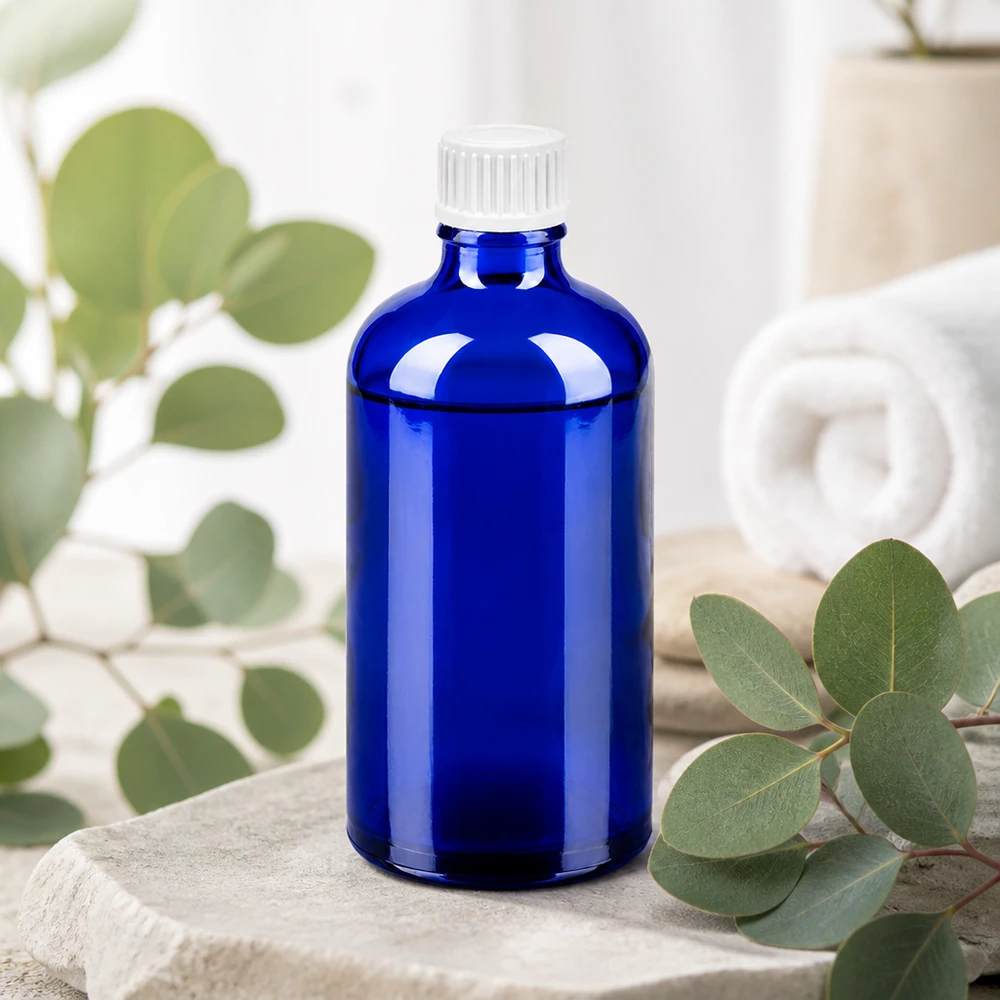 100ml flacon compte-gouttes 0.9mm blanc STD BlueLine UT18/100 Flacon compte-gouttes en verre bleu robuste 100ml avec bouchon blanc à l'épreuve des enfants BlueLine UT18
