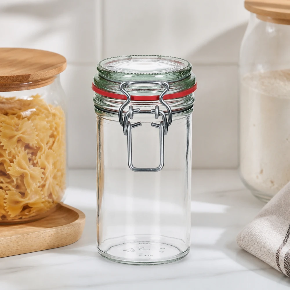 Bocal de conservation de 272 ml, type G, avec bouchon à clip UN.. Bocal à provisions de 272 ml avec fermeture à étrier et joint rouge dans la cuisine moderne à côté des pâtes et des récipients blancs