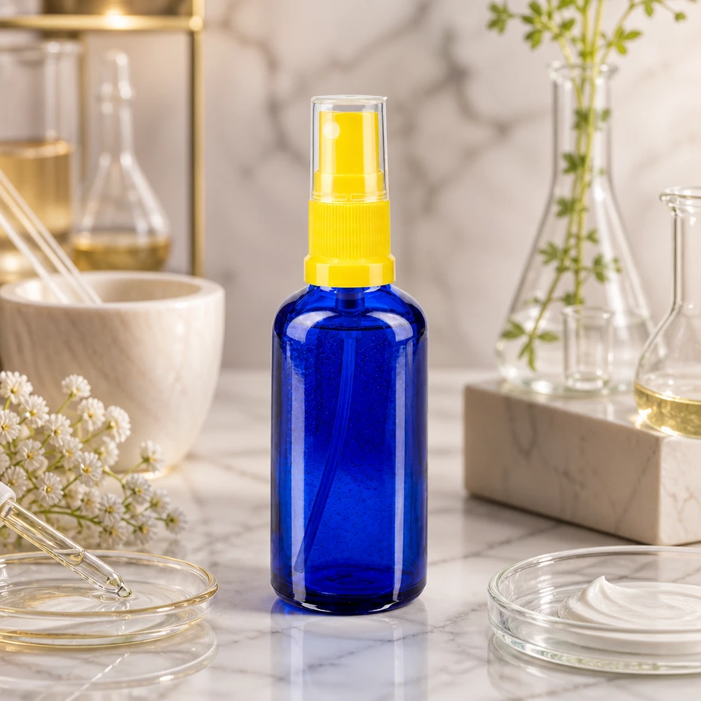 Flacon de pharmacie en verre bleu avec bouchon de protection transparent et vaporisateur jaune