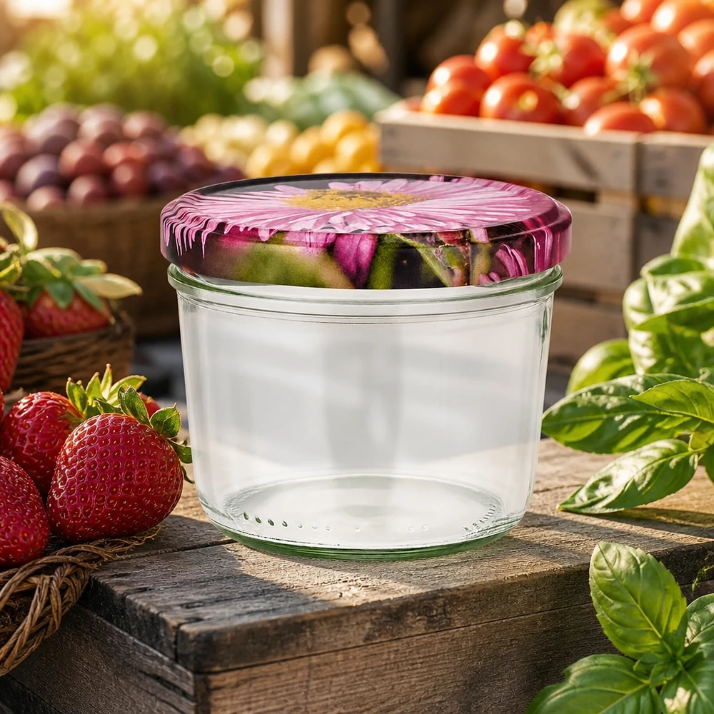 230ml Verre conique avec couvercle BasicSeal decor floral UNiTWIST Verre renversé de 230 ml avec couvercle à fleurs sur planche en bois entre des fraises fraîches et des légumes dans une atmosphère de marché