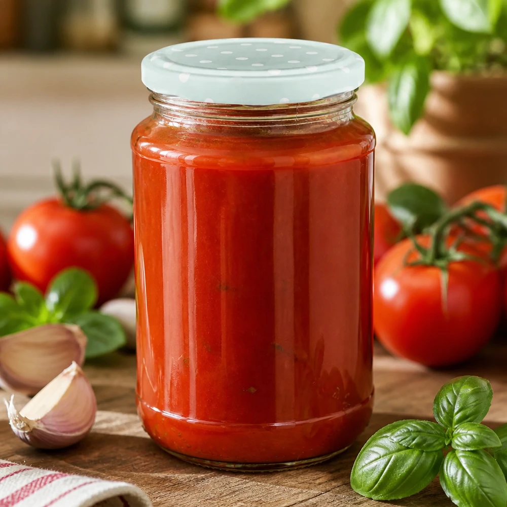 Bocal rond en verre de 320 ml + BasicSeal à pois menthe mat UNiTWIST Préparer soi-même de la sauce tomate dans un bocal de conservation UNiTWIST BasicSeal de 320 ml, motif « points », couleur menthe mate