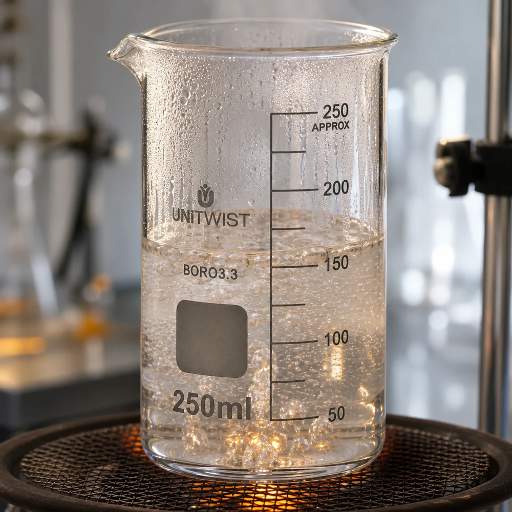 Bécher 250ml borosilicate, forme haute UNITWIST Bécher UNITWIST de 250 ml, de forme haute, posé sur un bec Bunsen et contenant une solution limpide qui dégage de la vapeur
