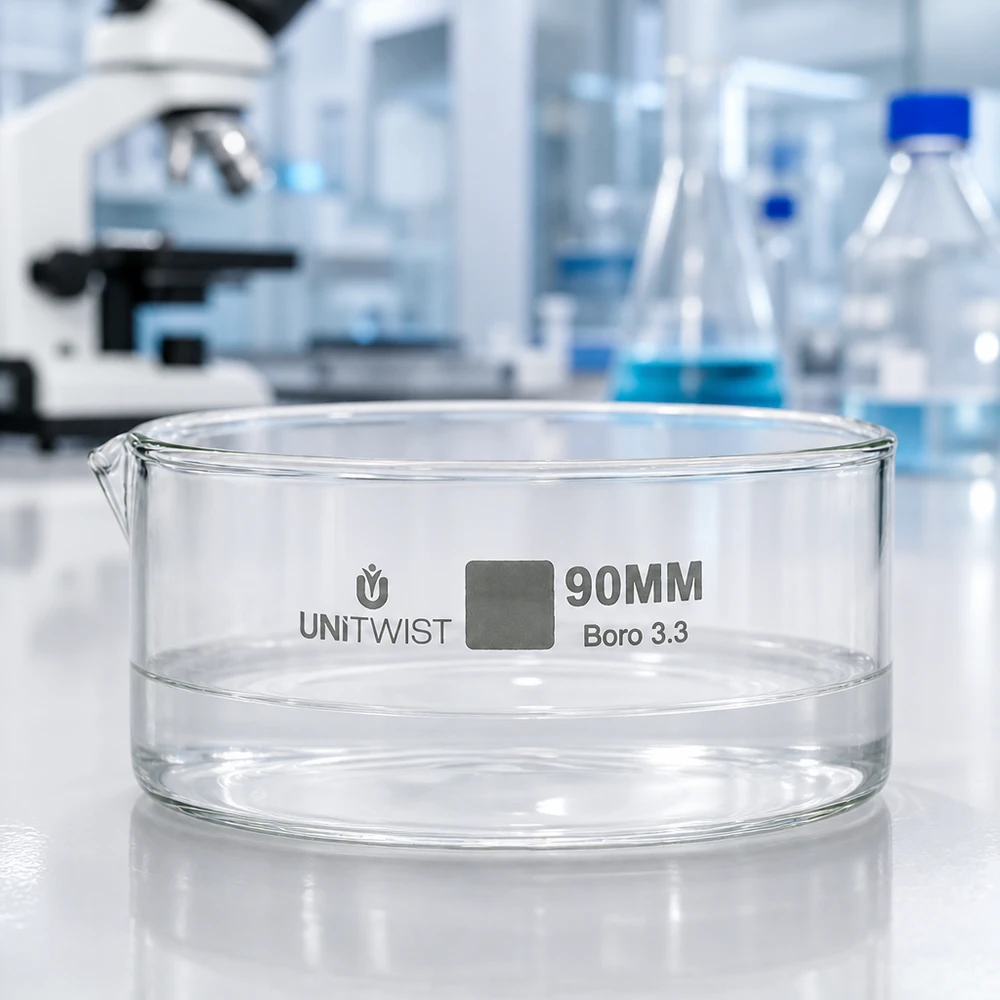 Cristallisoir ø90mm verre borosilicaté UNiTWIST Coupelle en verre plate, ø 90 mm, UNiTWIST, verre borosilicaté, résistante à la chaleur et aux produits chimiques, matériel de laboratoire