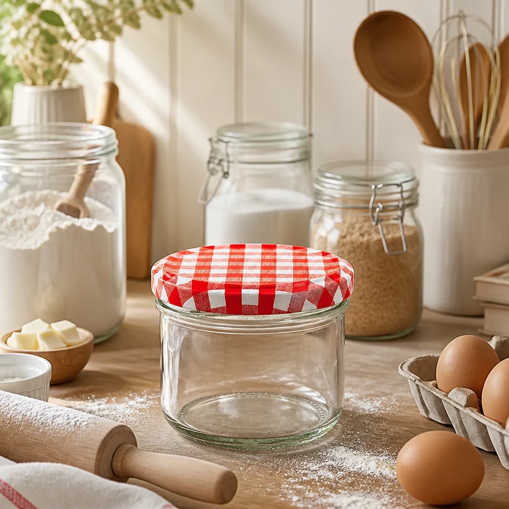 Pot cylindrique vide de 230ml avec couvercle BasicSeal à carreaux rouges et blancs dans une scène de cuisine naturelle avec des ingrédients de pâtisserie