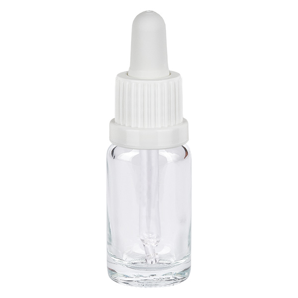 Flacon à pipette 10ml blanc OV ClearLine UT18/10 Flacon pipette en verre transparent de 10 ml avec bouchon compte-gouttes blanc, série ClearLine