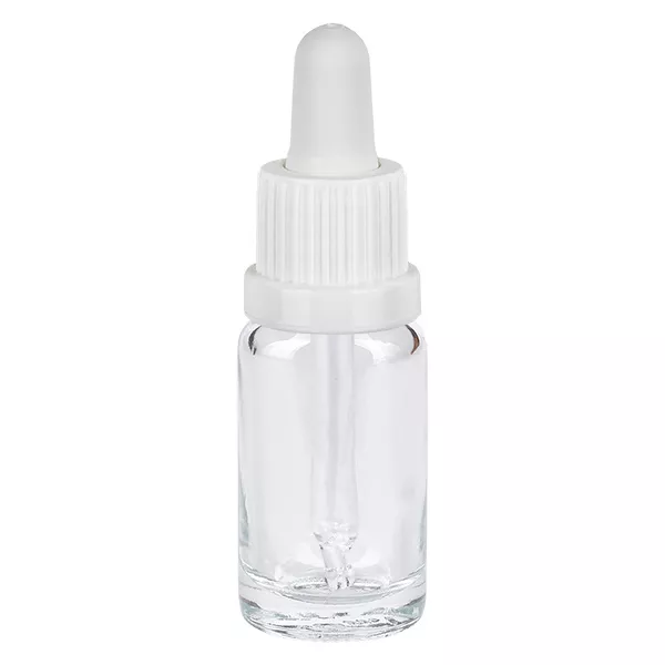 Flacon pipette en verre transparent de 10 ml avec bouchon compte-gouttes blanc, série ClearLine