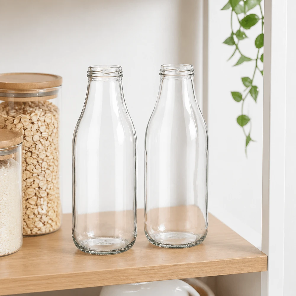 Bouteilles en verre 1000ml TO48 UNiTWIST deux bouteilles de lait vides sur une étagère en bois dans une cuisine moderne avec des bocaux de stockage