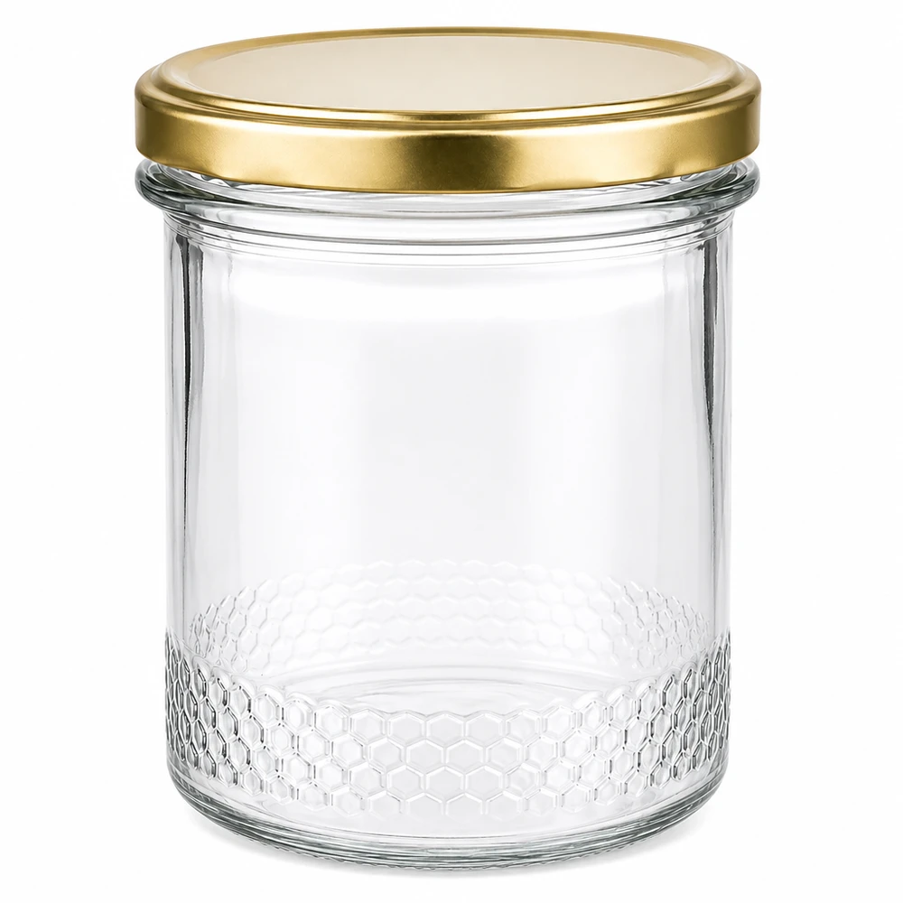 Pot à miel 560 g avec couvercle doré BasicSeal UNiTWIST Pot à miel vide de 400 ml avec couvercle doré BasicSeal UNiTWIST et motif en nid d'abeille sur le fond