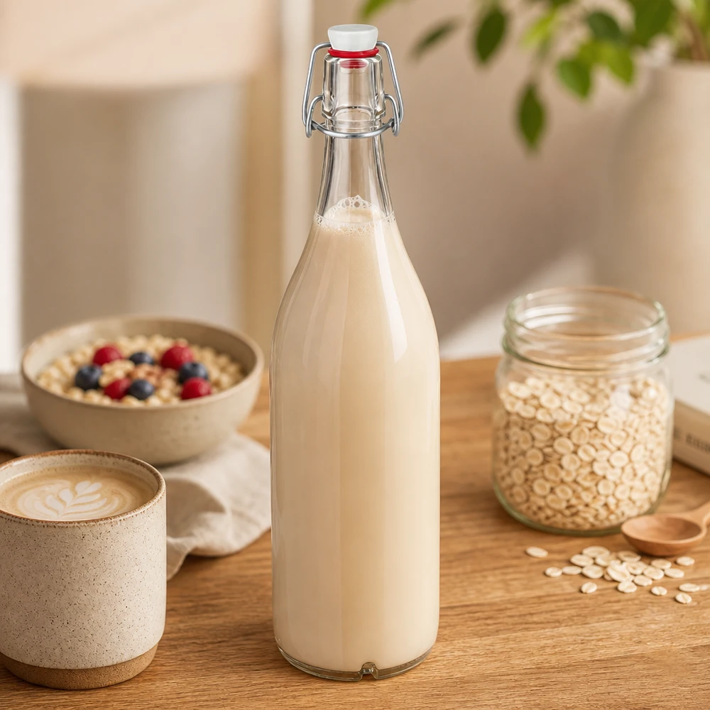 Bouteille en verre de 1000 ml + bouchon mécanique en porcelaine UN.. Bouteille en verre de 1000 ml avec bouchon à étrier remplie de lait d'avoine à côté de flocons d'avoine et d'un bol de petit-déjeuner sur une table en bois
