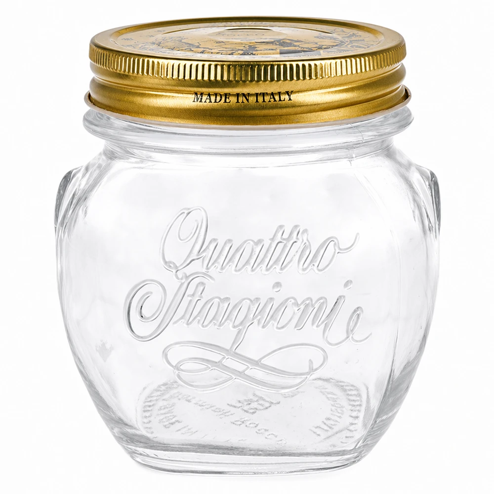 Verre rond 300ml « Quattro Stagioni » avec couvercle 300ml pot rond Quattro Stagioni avec couvercle doré Made in Italy pot transparent vide