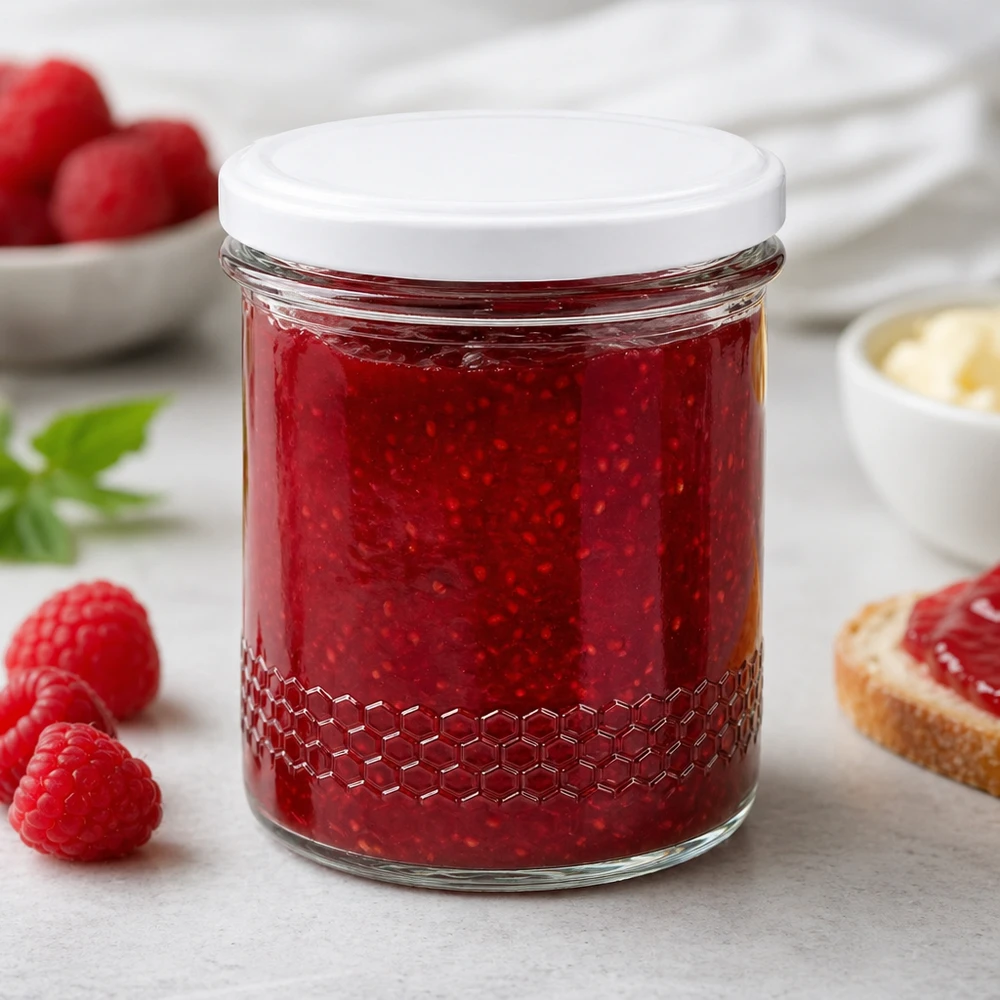 400ml pot de miel comme pot de confiture pour la confiture de framboise rempli de confiture rouge scène de petit déjeuner BasicSeal couvercle blanc