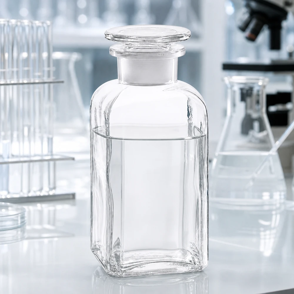 Flacon carré col large 350 ml + bouchon RIN, verre clair Flacon médical de 350 ml, de forme carrée, avec bouchon en verre, à col large, pour teintures et extraits