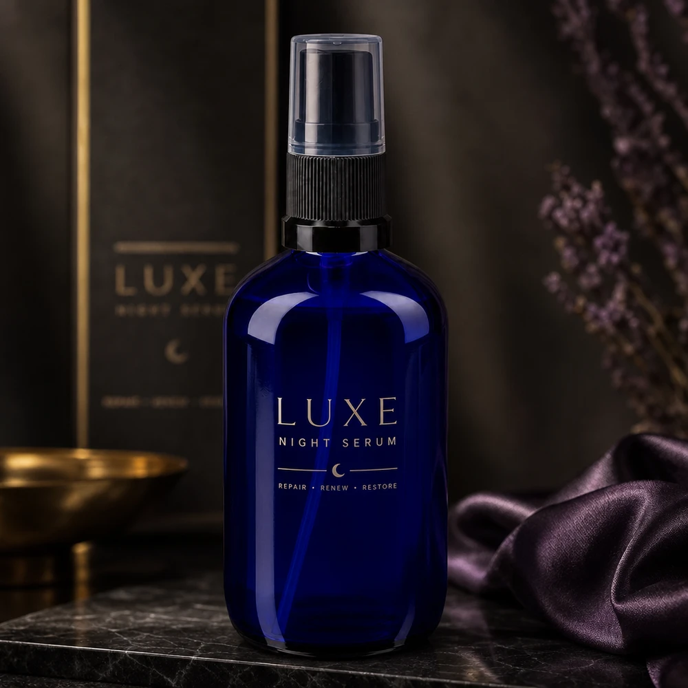 Flacon pompe de pharmacie bleu cobalt de 100 ml, destiné à contenir un sérum de nuit, avec une image de marque dorée
