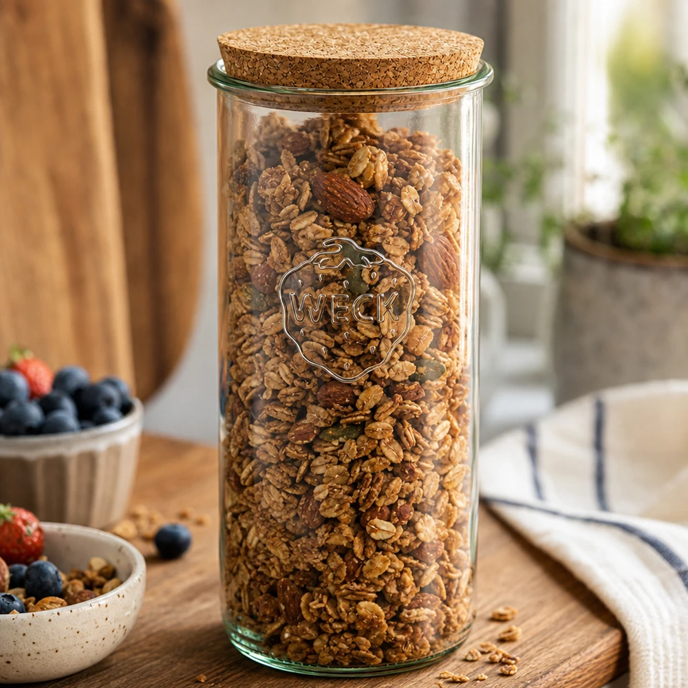 WECK Verre renversé 1500ml avec noix de muesli rempli de bouchon Couvercle Scène de cuisine Table en bois Conservation petit déjeuner