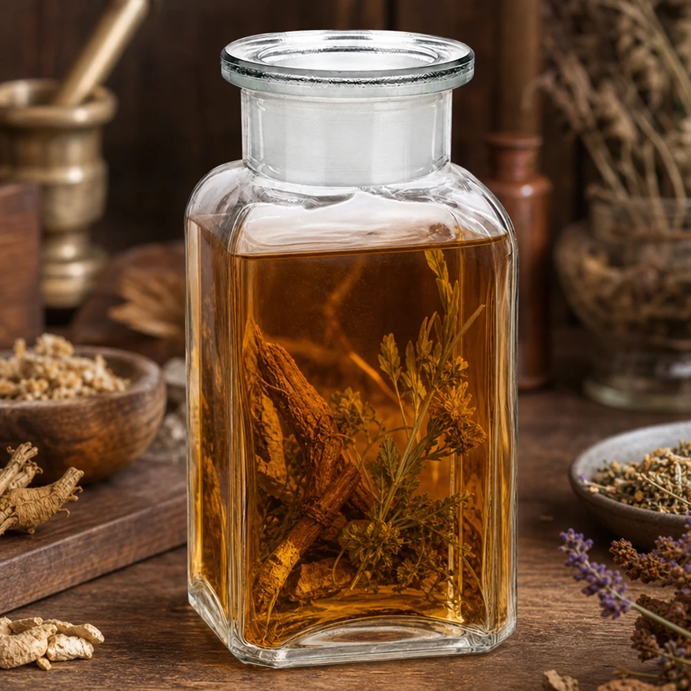 Flacon carré col large 100 ml + bouchon RIN, verre clair Teinture à base de plantes dans un flacon carré transparent de 100 ml, à côté d'un mortier contenant de la lavande et des racines