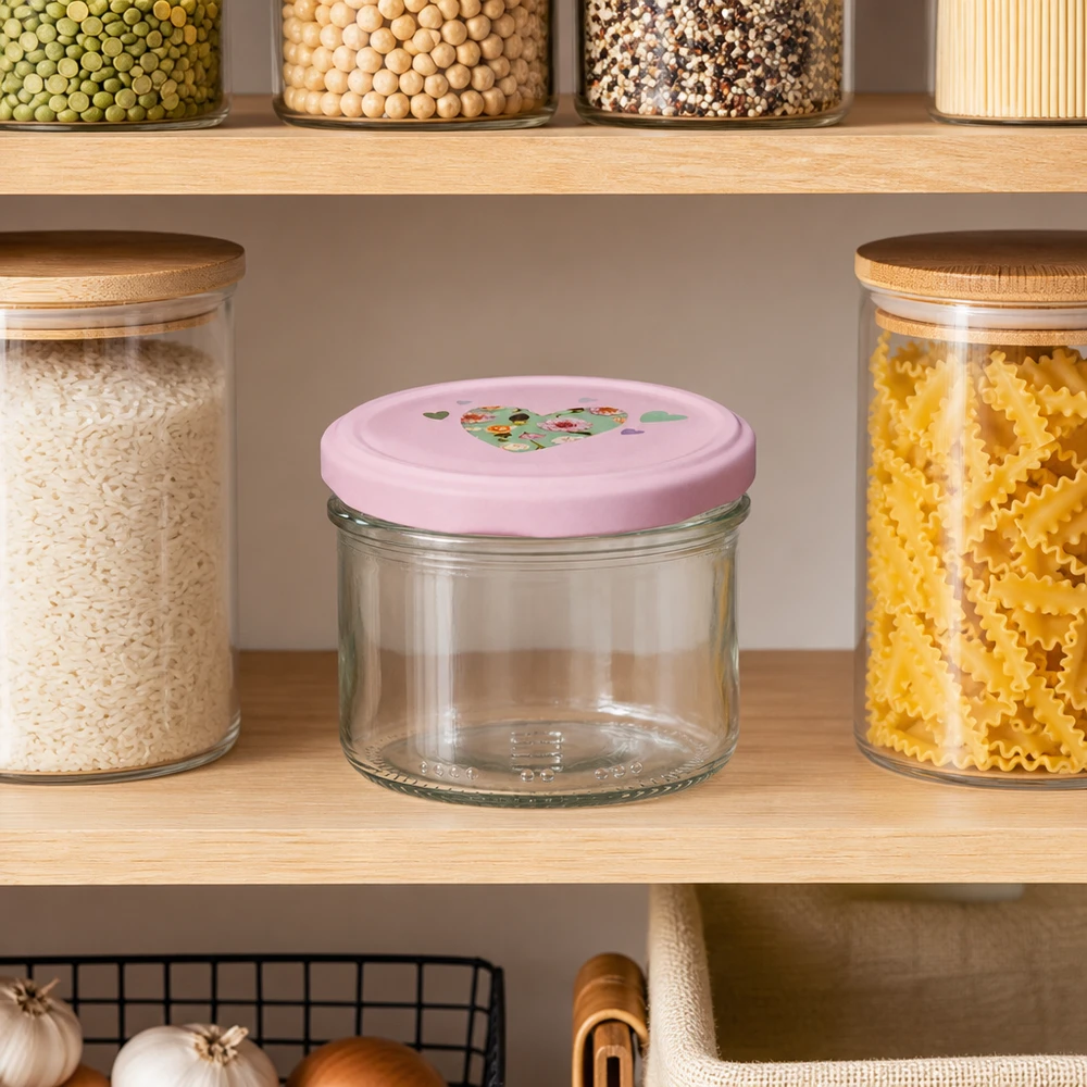 Pot cylindrique de 230 ml + couvercle BasicSeal rose cur Pot cylindrique de 230 ml avec couvercle en forme de cœur rose dans un garde-manger organisé entre les pâtes et le riz, idéal pour organiser la cuisine.