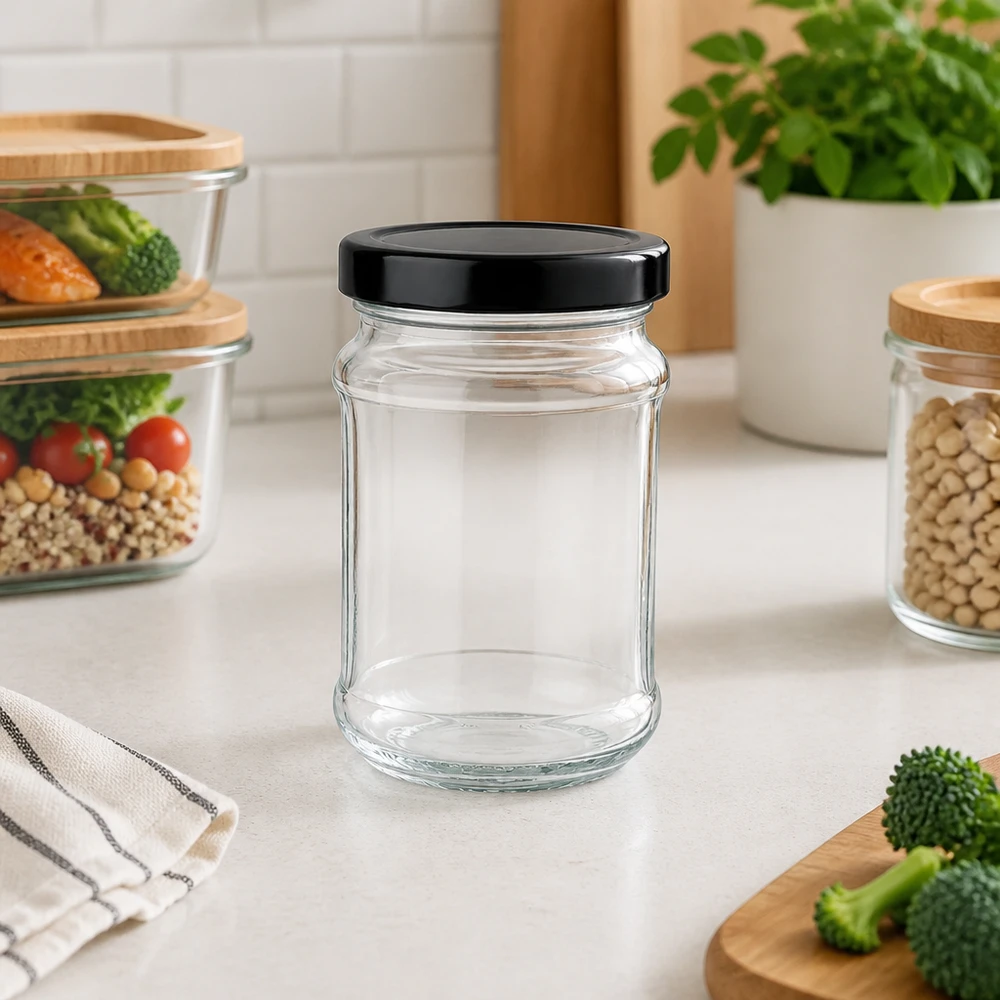 Bocal rond de 390 ml avec couvercle BasicSeal noir vide sur le comptoir de la cuisine entre les récipients de stockage avec légumes et légumineuses