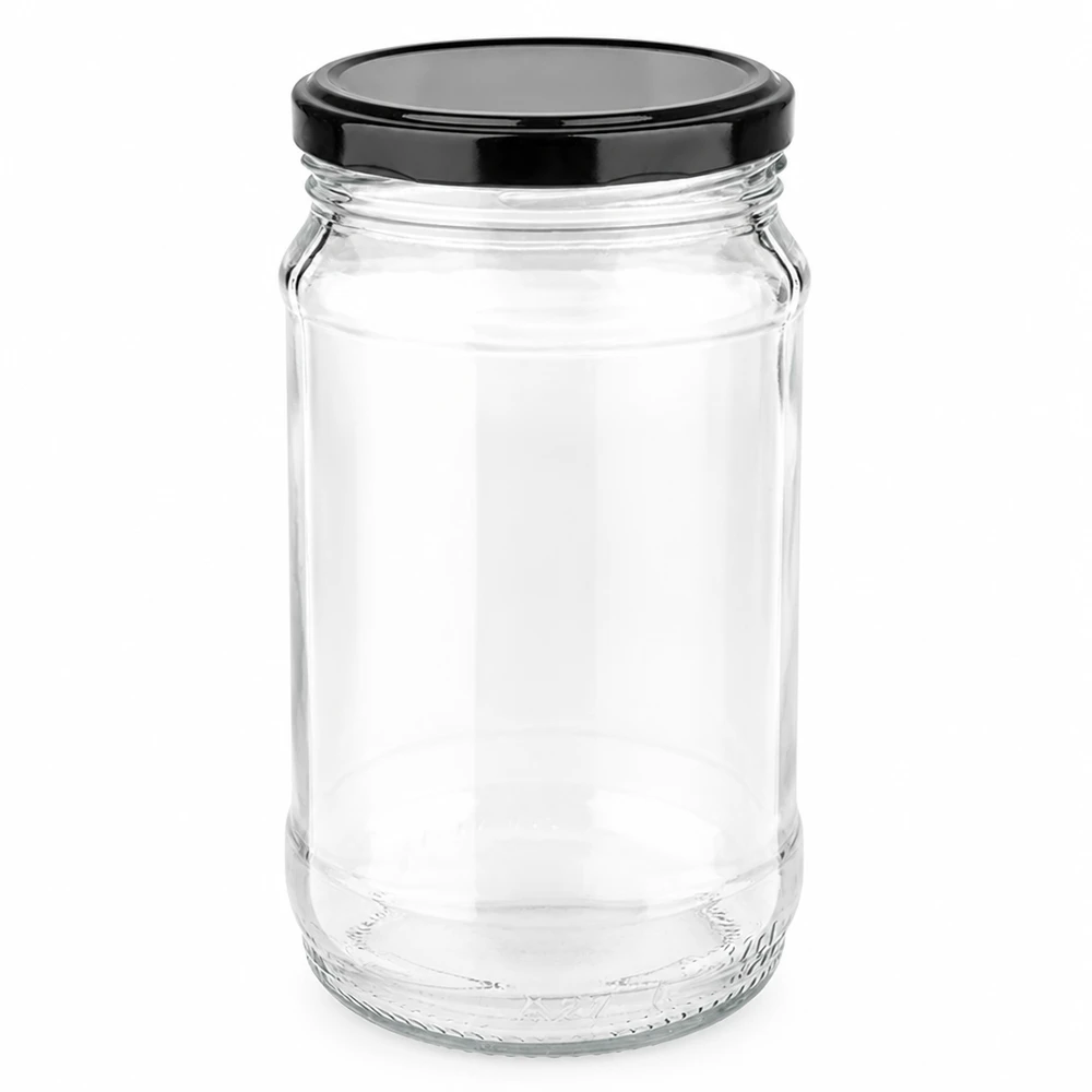 Bocal rond en verre de 370 ml + BasicSeal noir UNiTWIST Pot en verre cylindrique de 370 ml avec couvercle métallique noir à vis BasicSeal UNiTWIST
