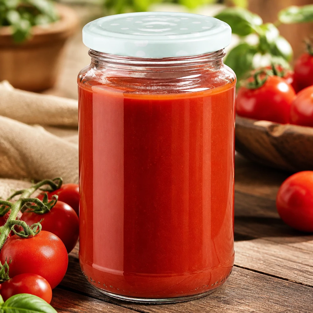 Bocal rond en verre de 320 ml + BasicSeal à pois menthe mat UNiTWIST Pot en verre rond UNiTWIST de 320 ml contenant de la sauce tomate, avec un couvercle BasicSeal mat à pois de couleur menthe, posé sur un support en bois