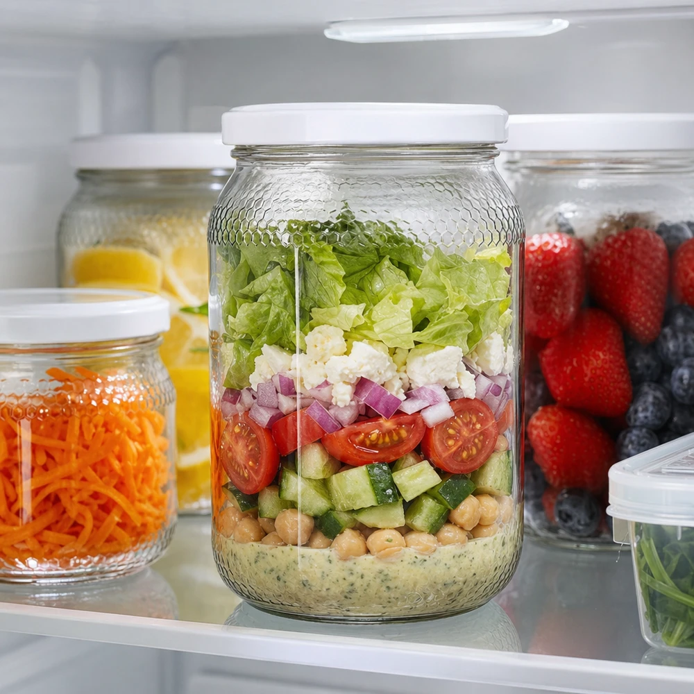 Pot de miel 900ml comme Meal Prep Pot à salade dans le réfrigérateur rempli de salade en couches BasicSeal Couvercle UNiTWIST