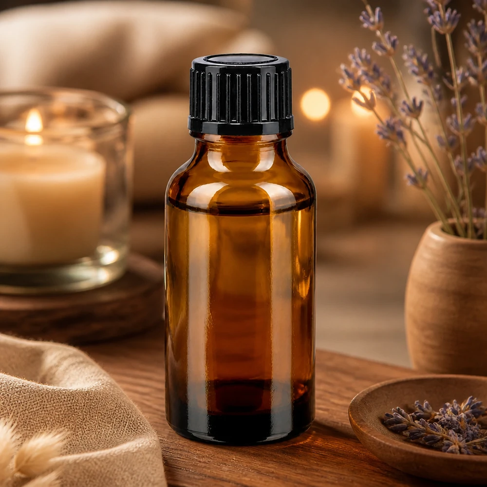Flacon en verre compact de 20 ml, de couleur ambrée, muni d'un bouchon à vis à l'épreuve des enfants, posé sur une table en bois