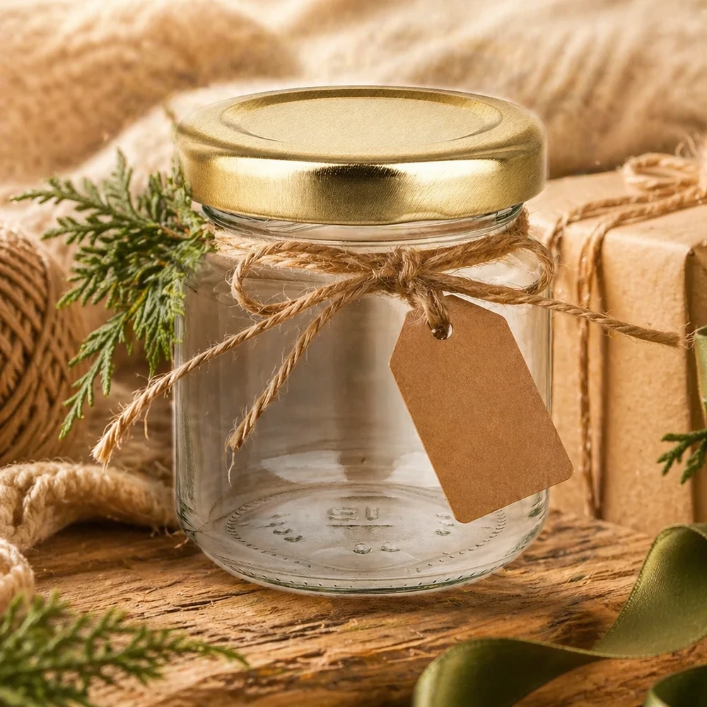 53ml verre rond UNiTWIST avec couvercle doré comme idée de cadeau décoré avec un ruban en raphia et un pendentif