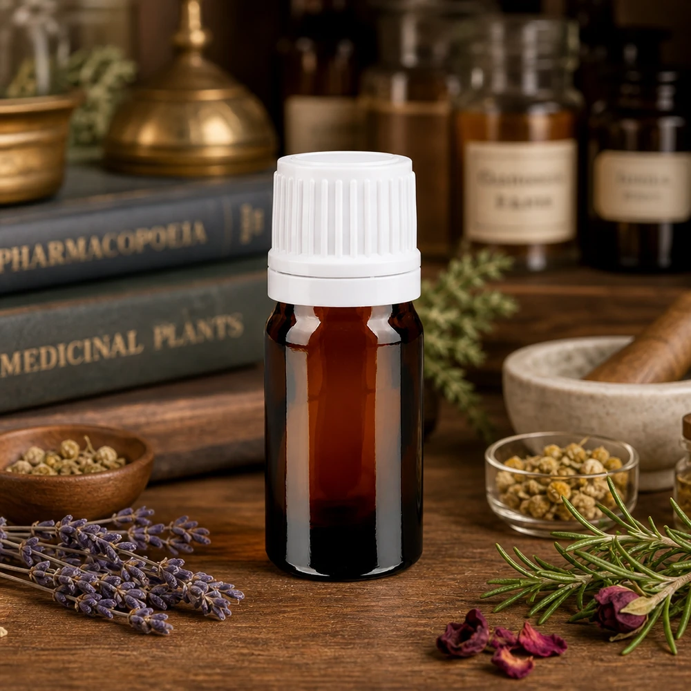 Mini-flacon foncé de 5 ml avec bouchon OV, entouré de lavande, de romarin et de fleurs de camomille