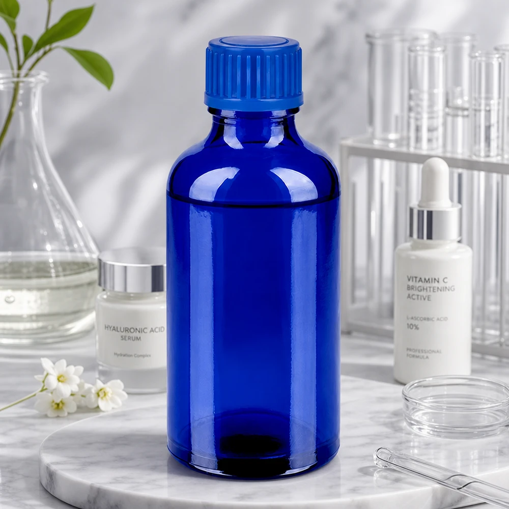 Flacon de 50ml 11mm SV bleu STD BlueLine UT18/50 Bouteille professionnelle de 50 ml en verre au cobalt avec ouverture de 11 mm, parfaite pour un dosage précis