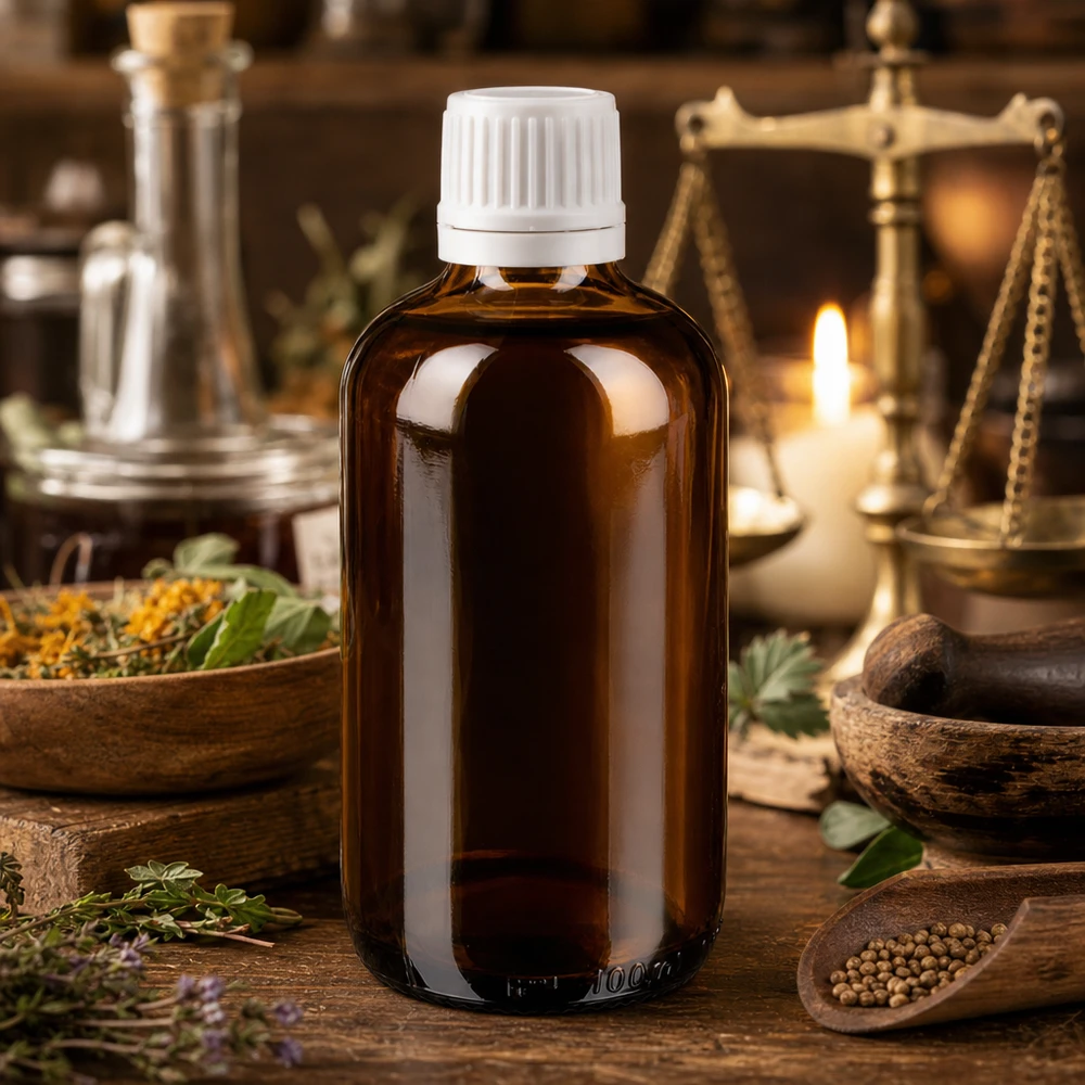 Petite bouteille en verre brun de 100 ml avec un bouchon à vis blanc, posée sur une table en bois rustique avec un mortier