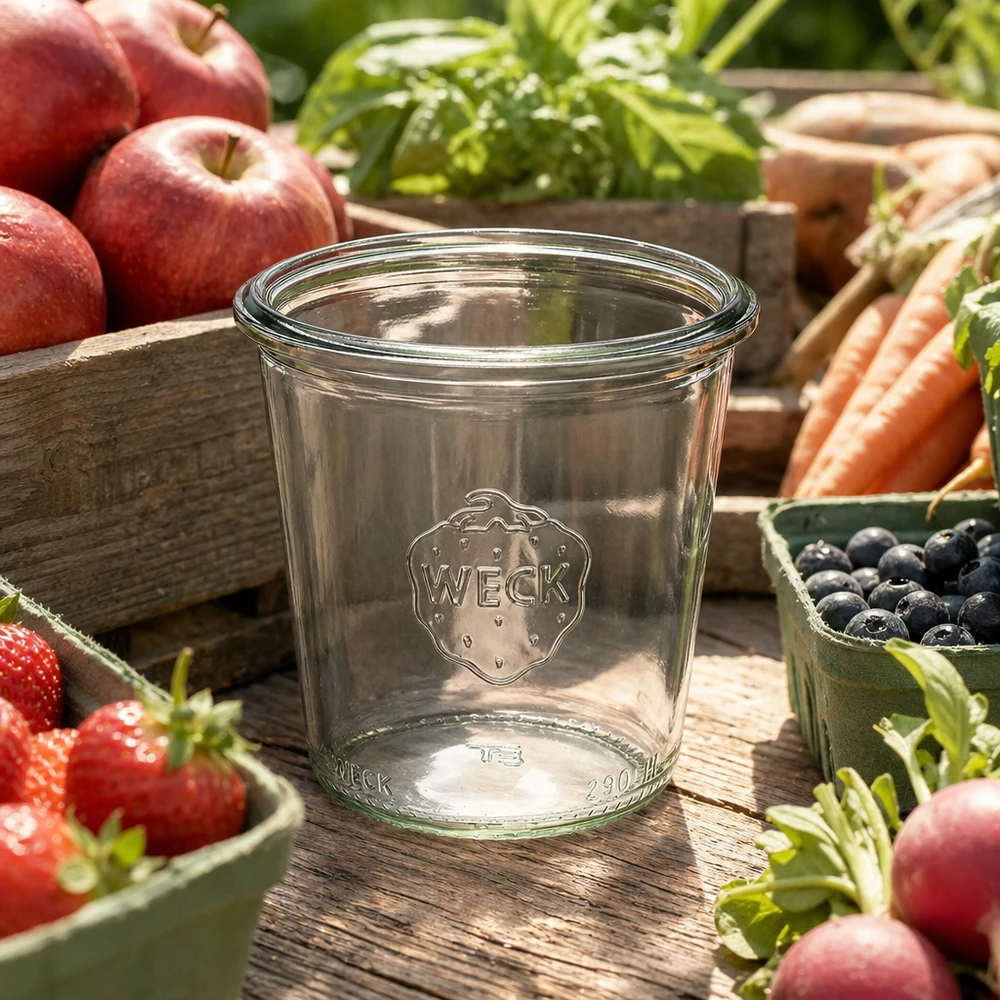 WECK Verre renversé 290ml RR80 haut en verre avec logo entouré de fruits et légumes frais sur table en bois