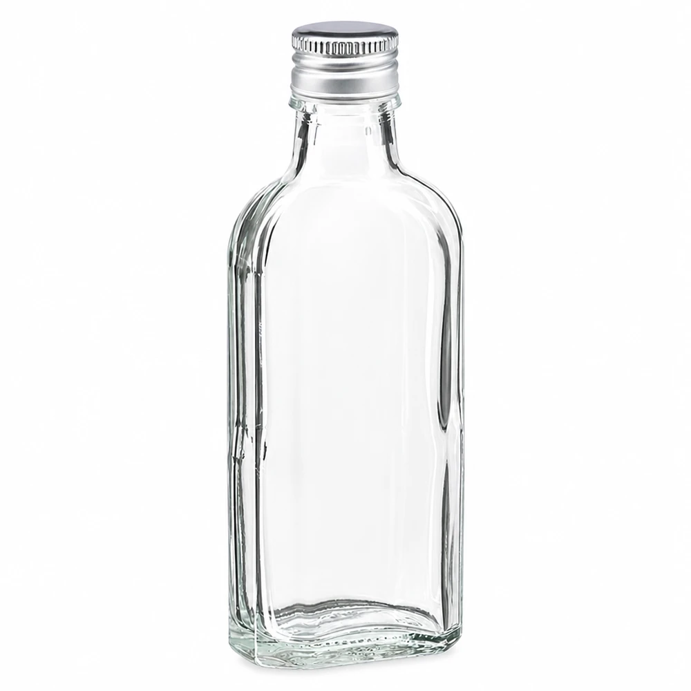 100 ml Meplat transparent avec bouchon alu argent PP22 Petite bouteille en verre plate de 100 ml, transparente, avec bouchon à vis en aluminium argenté PP22