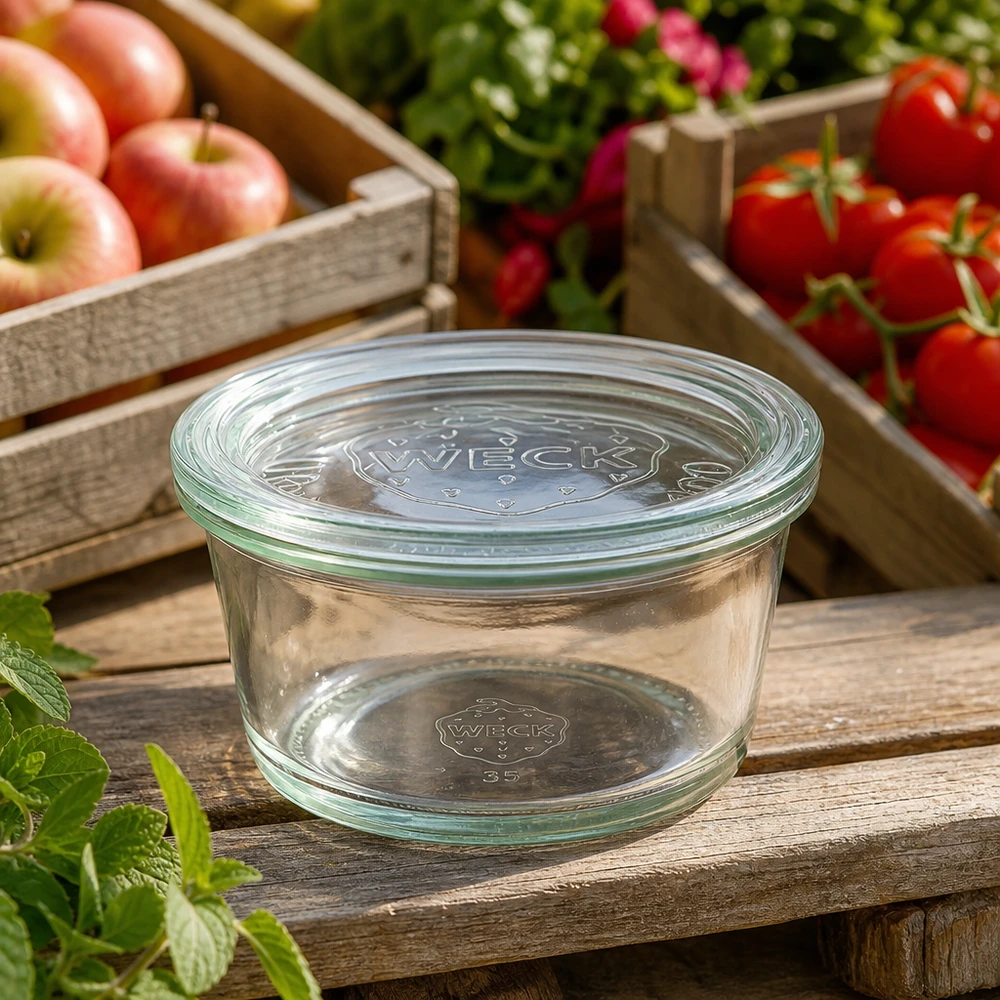 WECK RR120 Pot gourmand 450ml avec couvercle en verre sur une table en bois entre des pommes et des tomates fraîches dans le jardin