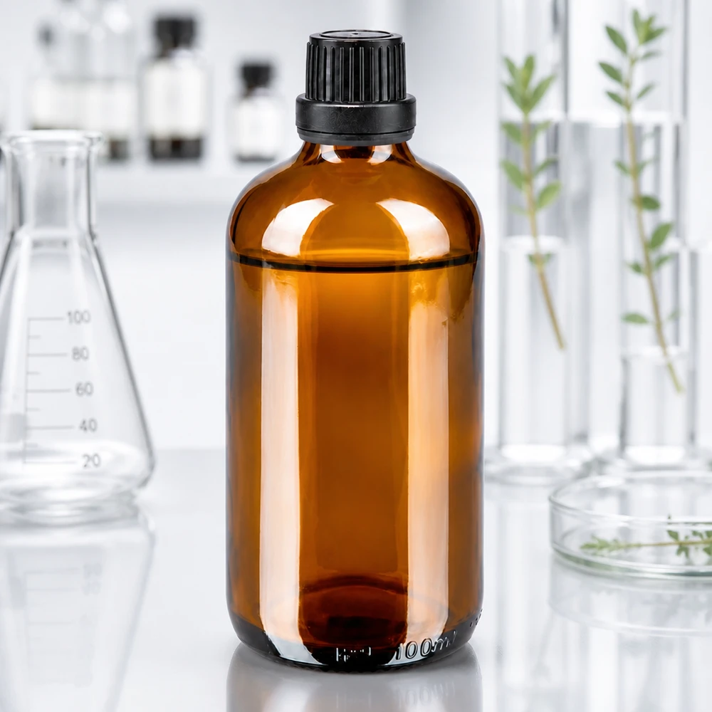 Flacon de pharmacie de 100 ml de couleur ambre, muni d'un bouchon OV et d'un compte-gouttes de 2 mm, destiné à un environnement de laboratoire professionnel